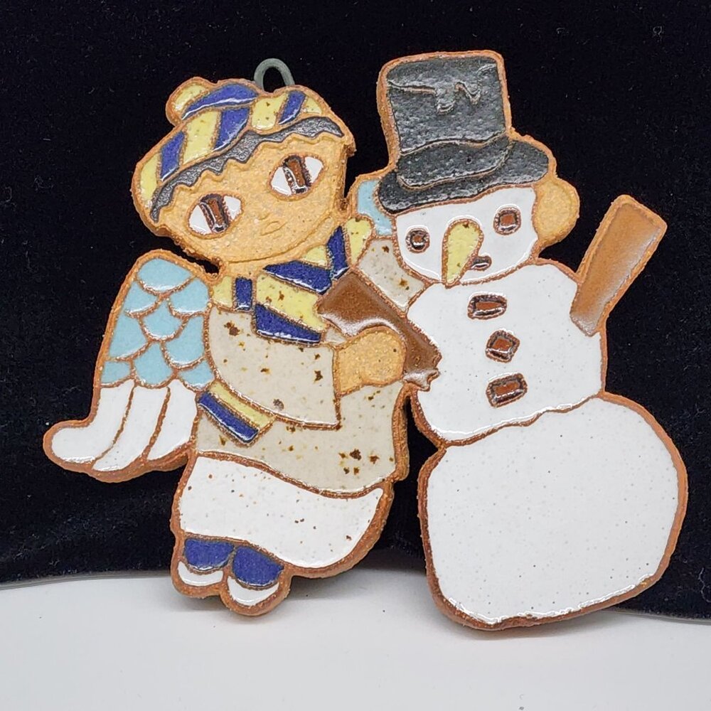 St. Andrews Handmade Angel & Snowman Ceramic Ornament Stamp Signed 4.25x3.75